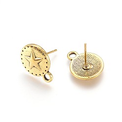 Antique Golden Tibetan Style Stud Earring Findings, with Loop, Cadmium Free & Lead Free, Flat Round, Antique Golden, 15x12mm, Pin: 1mm, Hole: 2mm
