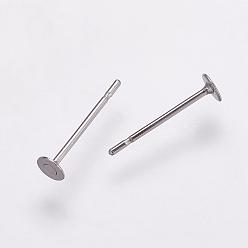 Stainless Steel Color 304 Stainless Steel Stud Earring Settings, Flat Pad Earring Post, Flat Round, Stainless Steel Color, Tray: 3mm, 12x3mm, Pin: 0.7mm