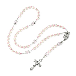 Pink Glass Pearl Rosary Bead Necklace, Alloy Cross & Virgin Mary Pendant Necklace, Pink, 24.41 inch(62cm)