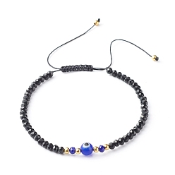 Bleu Bracelet de perles tressées en fil de nylon réglable, avec des perles à facettes en verre rondelle, perle ronde au chalumeau fait à la main, bleu, diamètre intérieur: 2-1/2 pouce (6.4~11.7 cm)