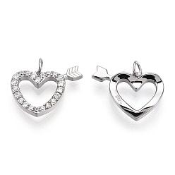 Real Platinum Plated Rhodium Plated 925 Sterling Silver Micro Pave Cubic Zirconia Charms, with S925 Stamp and Jump Ring, Heart with Arrow Charms, Nickel Free, Real Platinum Plated, 10x14x2mm, Hole: 2.2mm