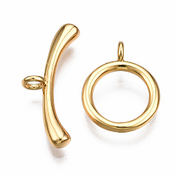 Real 18K Gold Plated Brass Toggle Clasps, Nickel Free, Ring, Real 18K Gold Plated, 21mm long, Bar: 18.5x7x2.5mm, hole: 1.5mm, Jump Ring: 5x1mm, Inner Diameter: 3mm, ring: 13x10x1mm, Hole: 1.5mm