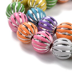 Mixed Color Grooved Resin Beads Strands, Silver Metal Enlaced, Pumpkin, Mixed Color, 10~12mm, Hole: 3mm, about 32pcs/strand, 13.78''(35cm)