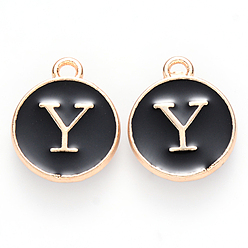 Letter Y Golden Plated Enamel Alloy Charms, Enamelled Sequins, Flat Round, Black, Letter.Y, 14x12x2mm, Hole: 1.5mm, 100pcs/Box