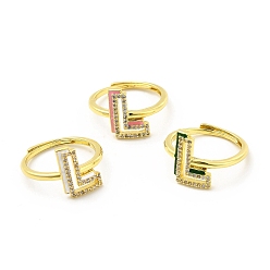 Letter L Mixed Color Enamel Initial Letter Adjustable Ring with Clear Cubic Zirconia, Real 18K Gold Plated Brass Jewelry for Women, Cadmium Free & Lead Free, Letter.L, US Size 5 1/4(16mm), Letter.L: 13x9.5mm