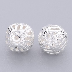 Silver Brass Filigree Beads, Filigree Ball, Round, Silver Color Plated, 8mm in diameter, hole: about 0.8mm