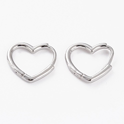 Platinum Brass Huggie Hoop Earrings, Long-Lasting Plated, Heart, Platinum, 14x15x1.5mm, Pin: 1mm