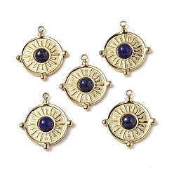 Lapis Lazuli Vacuum Plating 201 Stainless Steel Natural Lapis Lazuli Pendants, Real 18K Gold Plated, Flat Round Charms, 20.5x18x4mm, Hole: 1.2mm