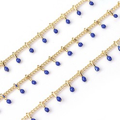 Dark Blue Handmade Enamel Beaded Chains, with Brass Curb Chains, Soldered, with Spool, Long-Lasting Plated, Real 18K Gold Plated, Dark Blue, 5.5x1.5~2mm, about 32.8 Feet(10m)/roll