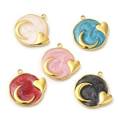 Mixed Color Real 18K Gold Plated 304 Stainless Steel Pendants, with Enamel, Flat Round with Moon & Heart Charm, Mixed Color, 17.5x17x2mm, Hole: 1.4mm