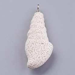 White Synthetic Lava Rock Pendants, with Iron Findings, Dyed, Sea Snail, White, 70.5~72.5x24.5~25x13~14mm, Hole: 4mm