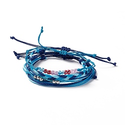 Steel Blue 4Pcs 4 Style Alloy & Glass Braided Bead Bracelets Set, Waxed Polyester Cord Adjustable Bracelets for Women, Steel Blue, Inner Diameter: 2~3-3/4 inch(5~9.6cm), 1Pc/style