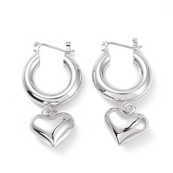 Platinum Brass Heart Dangle Hoop Earrings for Women, Platinum, 40mm, Pin: 0.8mm
