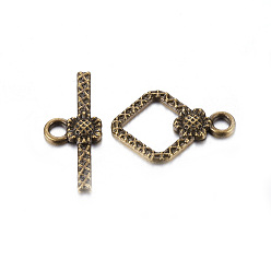Antique Bronze Tibetan Style Toggle Clasps, Lead Free and Cadmium Free, Rhombus, Antique Bronze Color, Size: Rhombus: about 21mm long, 15mm wide, 2mm thick, Bar: 24mm long, 10mm wide, 2mm thick, hole: 2mm