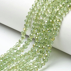 Pelouse Verte Plaquent verre transparent perles brins, demi arc-en-ciel plaqué, facette, rondelle, pelouse verte, 6x5mm, Trou: 1mm, Environ 85~88 pcs/chapelet, 16.1~16.5 pouce (41~42 cm)