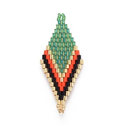 Green MIYUKI & TOHO Handmade Japanese Seed Beads Links, Loom Pattern, Rhombus, Green, 44.6~45.2x17.8~18.6x1.6~1.7mm, Hole: 1.4~1.6mm