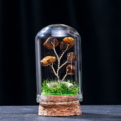 Tiger Eye Natural Tiger Eye Display Decorations, Miniature Plants, with Glass Cloche Bell Jar Terrarium and Cork Base, Tree, 30x57mm