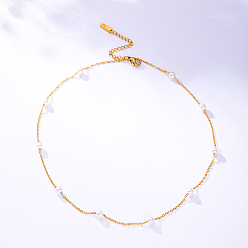 Oro Collar de cadena de acero inoxidable con cuentas de perlas de imitación para mujer., dorado, 15.75 pulgada (40 cm)