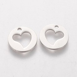 Stainless Steel Color 201 Stainless Steel Charms, Flat Round with Heart, Stainless Steel Color, 12mm