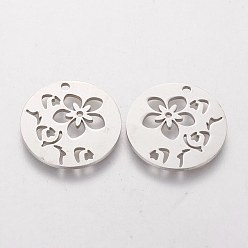 Stainless Steel Color 201 Stainless Steel Pendants, Flat Round with Flower, Stainless Steel Color, 20x1.1mm, Hole: 1.5mm