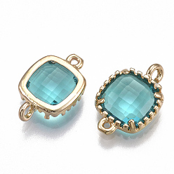 Dark Turquoise Glass Links connectors, with Brass Findings, Faceted, Square, Golden, Dark Turquoise, 14.5x9.5x3.5mm, Hole: 0.8~1.2mm