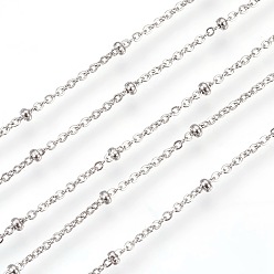 Couleur Acier Inoxydable 304 chaînes de câbles en acier inoxydable, chaînes satellites, avec des perles de rondelle, soudé, Ovale Plat, couleur inox, lien: 1.5x1 mm, perle: 2x1 mm