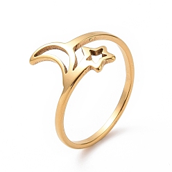 Oro Chapado de iones (ip) 201 anillo de dedo de luna y estrella de acero inoxidable, anillo hueco ancho para mujer, dorado, tamaño de EE. UU. 6 1/2 (16.9 mm)