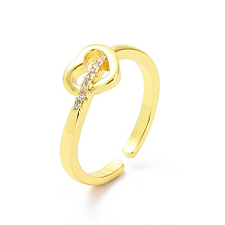 Oro Anillo de puño abierto con corazón de circonita cúbica transparente, joyas de latón para el día de san valentín, dorado, diámetro interior: 17.4 mm