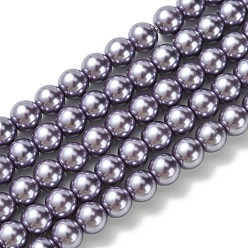 Púrpura Media Hebras redondas de perlas de vidrio teñido ecológico, Grado A, cordón de algodón rosca, púrpura medio, 8 mm, agujero: 1.2~1.5 mm, sobre 52 unidades / cadena, 15 pulgada
