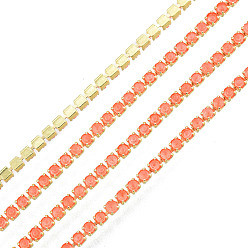 Coral Brass Rhinestone Strass Chains, Rhinestone Cup Chain, Imitate Luminous Style, Raw(Unplated), Coral, 1.5x1.5mm, about 18.70 Feet(5.7m)/Strand