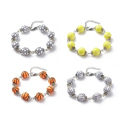Mixed Patterns Sport Ball Theme Acrylic Round Beaded Bracelet, 304 Stainless Steel Jewelry for Men Women, Platinum, Mixed Color, 7-1/4 inch(18.5cm)