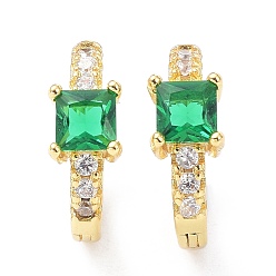 Green Brass Inlaid Cubic Zirconia Hoop Earrings, Real 18K Gold Plated, Square, Cadmium Free & Lead Free, Green, 15x13x5mm, Pin: 1mm