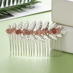 Strawberry Quartz Leaf Natural Strawberry Quartz Chips Hair Combs, with Iron Combs, Hair Accessories for Women Girls, 45x80x10mm
