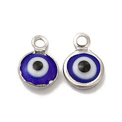 Medium Blue 304 Stainless Steel with Glass Enamel Charms, Stainless Steel Color, Flat Round with Evil Eye Pattern, Medium Blue, 9.5x6.5x2.5mm, Hole: 1.6mm