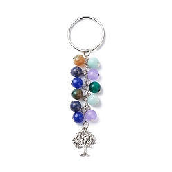 Mixed Stone Natural Gemstone Keychain, Tree of Life Alloy Charm Keychain, with 304 Stainless Steel Split Key Rings, 10.2cm