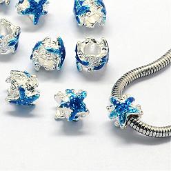 Bleu Dodger Émail perles européennes en alliage, Perles avec un grand trou   , étoile de mer / étoiles de mer, couleur argent plaqué, Dodger bleu, 10x9.5mm, Trou: 4.5mm