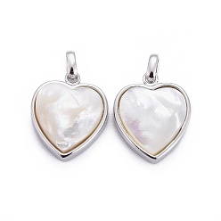 Platinum Natural White Shell Mother of Pearl Shell Pendants, with Brass Settings, Heart, Platinum, 13x11x4.5mm, Hole: 2x3mm