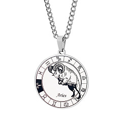 Aries Unisex 201 Stainless Steel Constellation Pendant Necklaces, with Curb Chains, Laser Engraved Pattern, Flat Round, Aries, 13.19 inch(335mm) 
