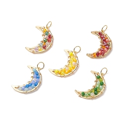 Mixed Color Glass Bead Moon Pendants, with Brass Open Back Bezel Pendants Finding, Mixed Color, 26~26.5x18~19x3~4mm, Hole: 4.6mm