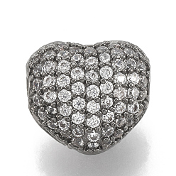 Gunmetal Brass Micro Pave Cubic Zirconia Beads, Heart, Clear, Gunmetal, 9x8x6mm, Hole: 1.2mm