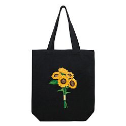 Gold DIY Sunflower Pattern Black Canvas Tote Bag Embroidery Kit, including Embroidery Needles & Thread, Cotton Fabric, Plastic Embroidery Hoop, Gold, 390x340x100mm