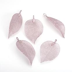 Purple Plated Electroplated Natural Leaf Big Pendants, with Iron Findings, Purple Plated, 50~80x20~35x1mm, Hole: 3x6mm