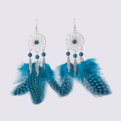 Dodger Blue Alloy Dangle Earrings, with Brass Earring Hooks, Natural Apatite Round Beads and Chicken Feather Costume, Woven Net/Web with Feather, Dodger Blue, 140mm, Pin: 0.6mm, 120x50x8mm