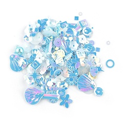 Blue Plastic Paillette Beads, Sequin Beads, Mixed Shapes, Blue, 4~19x4~13x0.1mm, Hole: 1~3.9mm