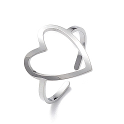 Stainless Steel Color Hollow Out Heart 304 Stainless Steel Open Cuff Ring for Women, Stainless Steel Color, Inner Diameter: 19mm