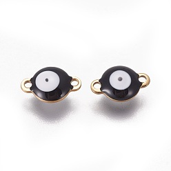Black Ion Plating(IP) 304 Stainless Steel Enamel Links connectors, Flat Round with Evil Eye, Golden, Black, 9.5x6x3.5mm, Hole: 1.2mm