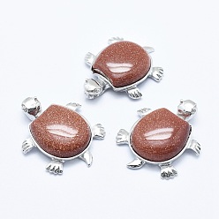 Goldstone Synthetic Goldstone Pendant, with Alloy Findings, Tortoise, Platinum, 38x30.5x8.2mm, Hole: 3x4.5mm