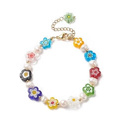 Colorful Millefiori Glass Flower & Natural Pearl Beaded Bracelet for Women, Colorful, 7-1/2 inch(19.2cm)
