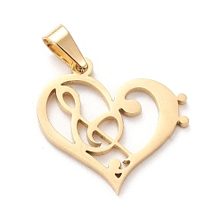 Golden 304 Stainless Steel Pendants, Laser Cut, Heart with Musical Note, Golden, 19.5x20x1mm, Hole: 5x3mm