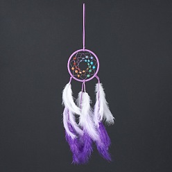 Purple Synthetic & Natural Mixed Stone Pendant Decorations, with Cotton Thread, Woven Net/Web with Feather, Purple, 490mm